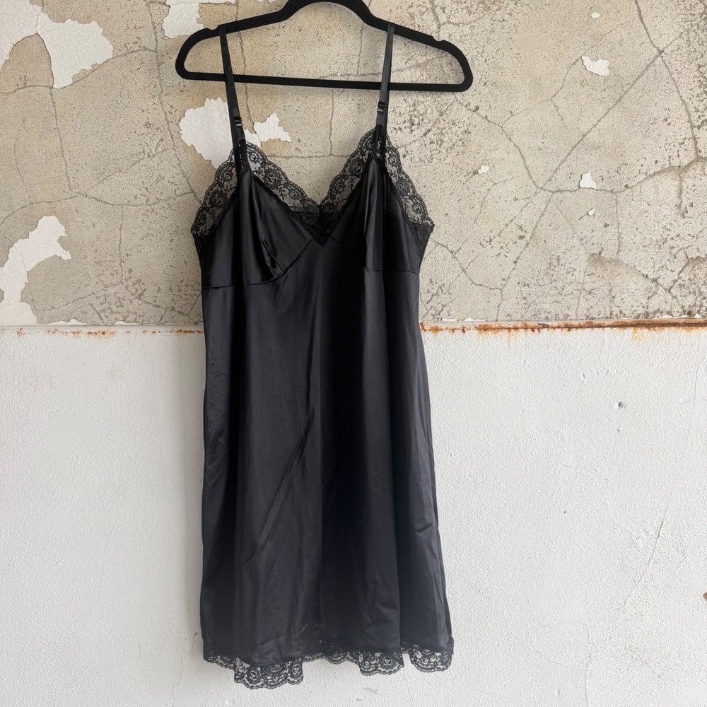Vtg Slip Dress Lace Trim Black Nylon Chemise Feminine Nightgown USA Made Small